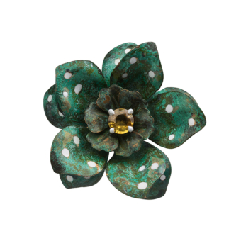 verdigris brass flower ring with enamel detailing and yellow sapphire centre