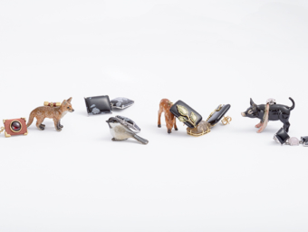 collection of animal earrings. fox earrings, bird earrings, deer earrings, pig earrings