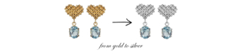 gold heart earrings and silver heart earrings with aquamarine gem stone drop