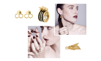 gold honeycomb earrings, gold bee cocktail ring, gold bee charm