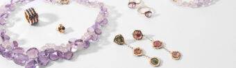 purple bead necklace, triple row eternity ring, large watermelon tourmaline statement earrings, purple stacking rings