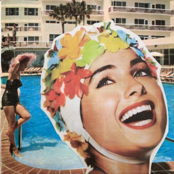 plastic fantastic scrap book page with bather in retro floral swimming cap